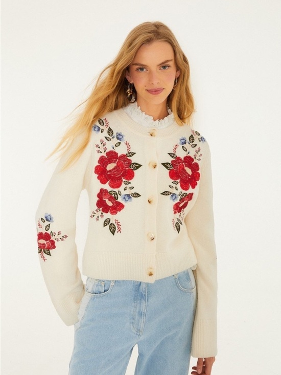 FARM Rio Sweaters - Farm Rio: Cream Embroidered Flowers
Buttoned Knit Cardigan